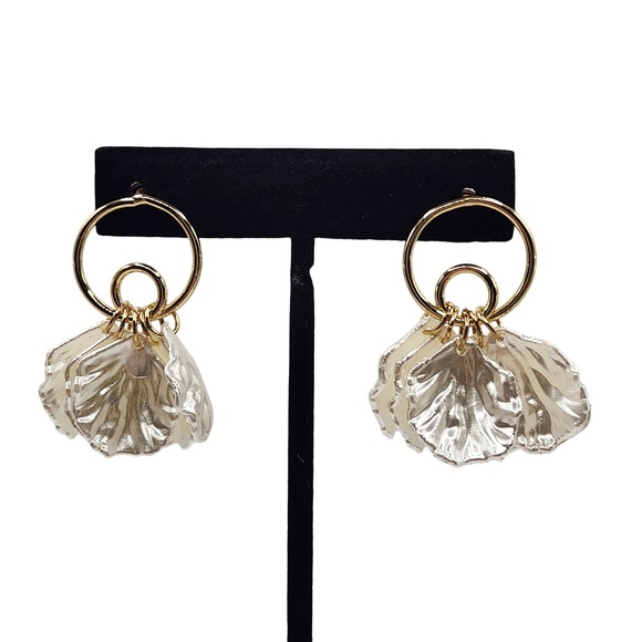 Jewelry - Gold Tone Hoop Earrings with White Petal Dangles Statement‎